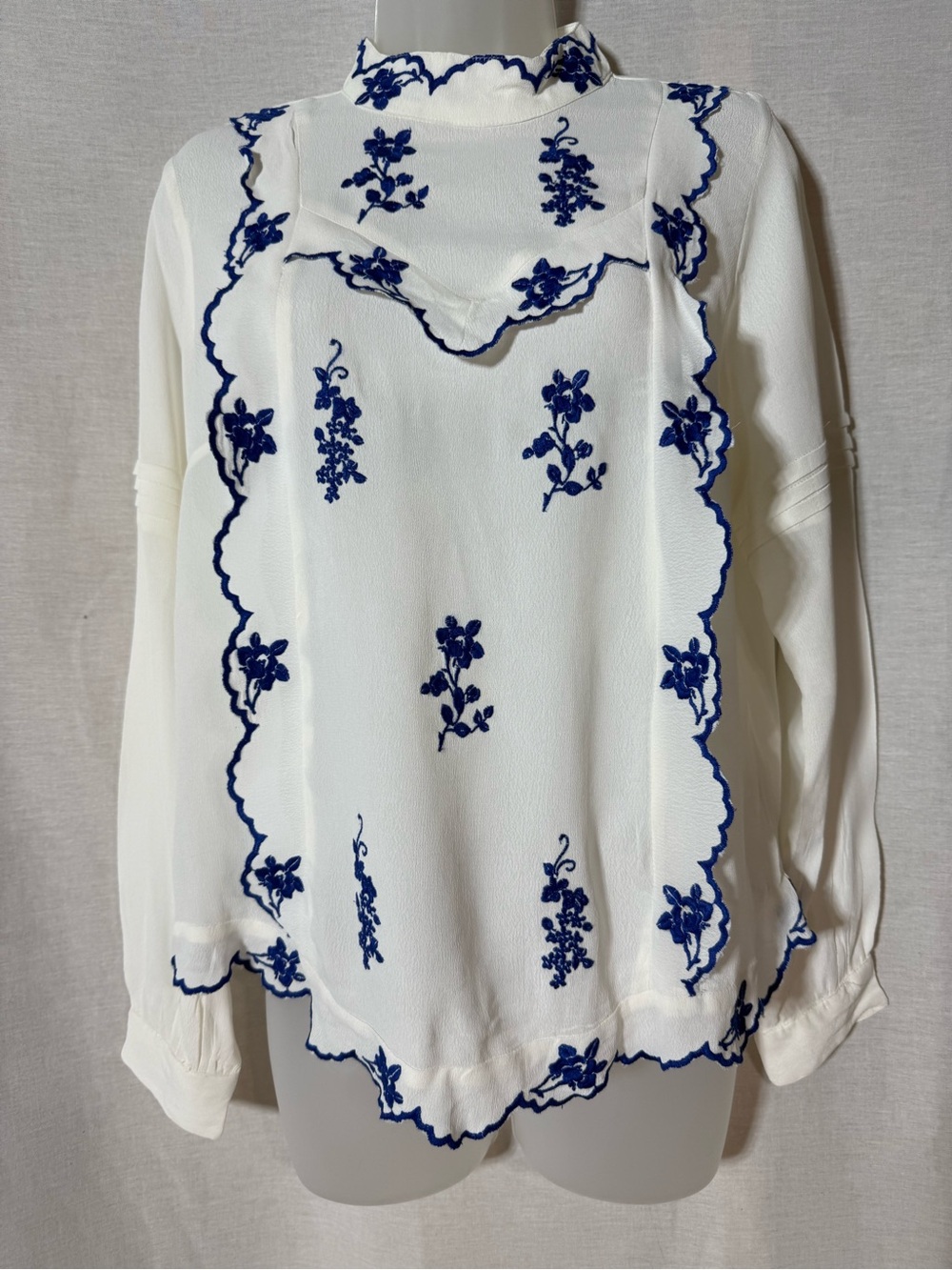 ASOS White Blouse with Blue Floral Embroidery Size 6